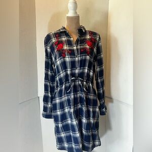 Plaid Shirt Dress with Red Floral Embroidery
